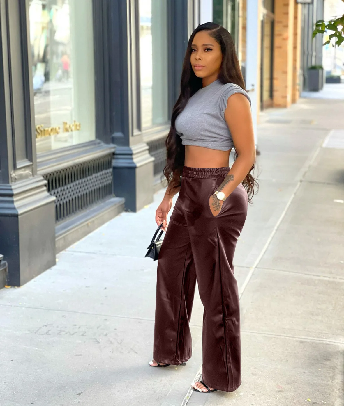 Office Ladies Loose Wide Leg Pu Leather 