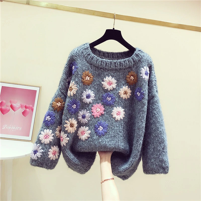 Sweater Women's 2020 Spring Winter Retro Handmade Three-dimensional Flower Lazy Wind Sweater Loose-Fit Sweaters Ladies Jumper