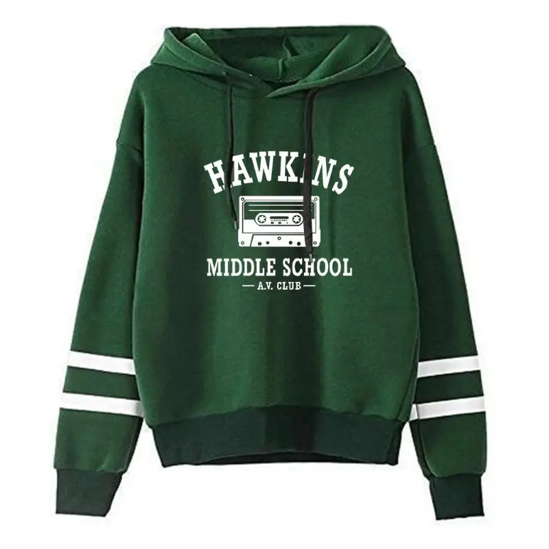 Green Толстовка с капюшоном и надписью Stranger Show Things Hawkins Middle School AV Club - Цвет: Green