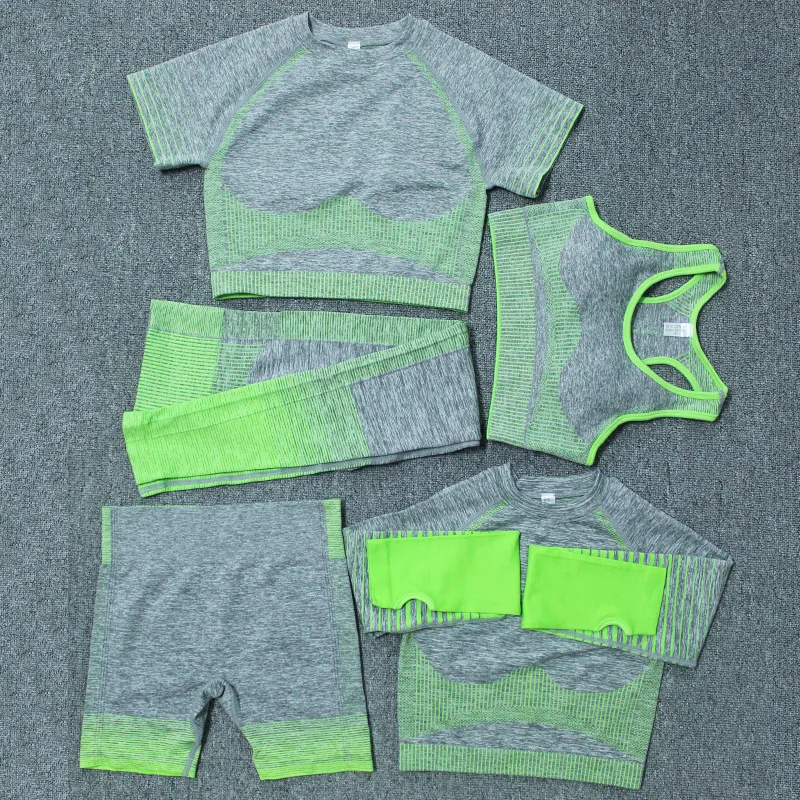 

Seamless Yoga Set Wear Suit Women's Sports Underwear Bra Short-Sleeved Shorts Long-sleeved Fitness Pants Striped Five-piece Suit