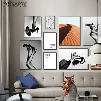 

Fashion Poster Black White Sexy Woman Print Wall Art Desert Landscape Canvas Painting Modern Living Room Decoration Picture