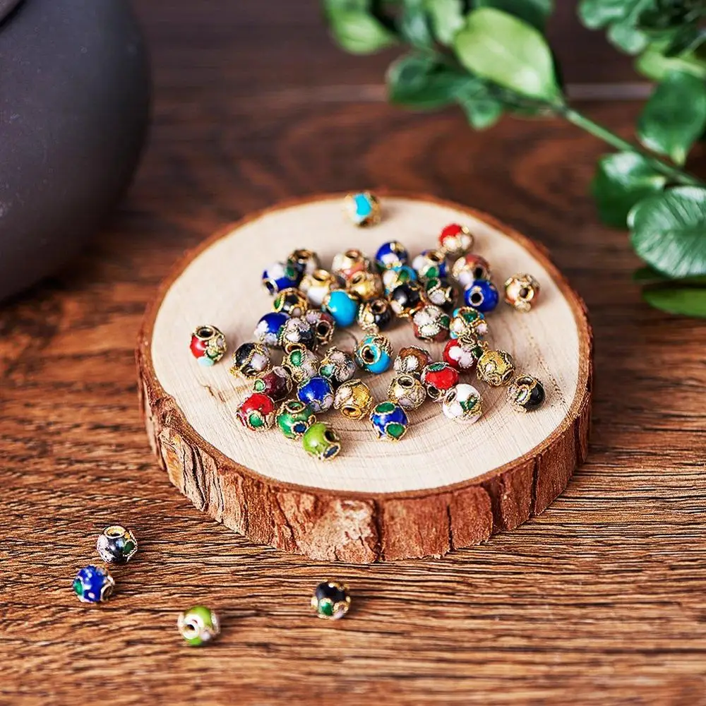 200Pcs 6mm Mixed Color Handmade Cloisonne Beads Brass Metal Round Beads for Jewelry Making DIY Bracelet Necklace Findings
