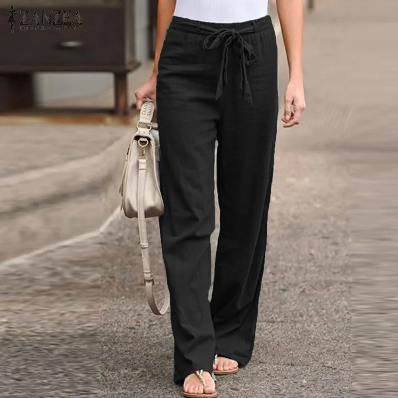 

2019 ZANZEA Women's Elastic Waist Trousers Vintage Causal Cropped Pants Straight Turnip Long Pantalon Woman Palazzo Plus Size