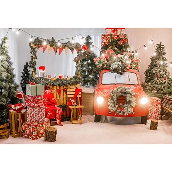 

Baby Kids Children Photoshoot Background Christmas Trees Printed Bulbs Red Car Garland Presents Xmas Party Decor Photo Backdrop
