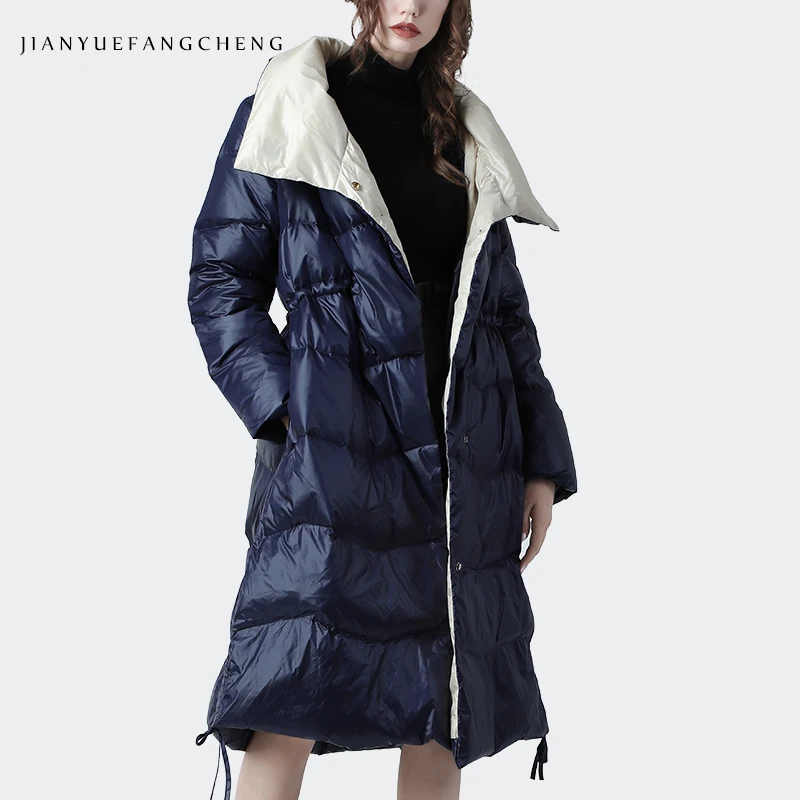 Лидирующий бренд, Женская куртка на утином пуху, длинная, высокая талия, теплая, утолщенная, новинка, зимняя куртка свободного размера плюс, женская уличная одежда