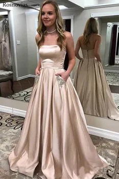 

Simple Long Prom Dresses With Pockets 2019 Strapless Backless Sweep Train Formal Stain Evening Party Dress Vestido De Fiesta