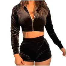 Женский сексуальный женский комплект 2 шт. спортивный костюм, Модный женский однотонный теплый топ с длинным рукавом и карманом на молнии, шорты, спортивный комплект# g4