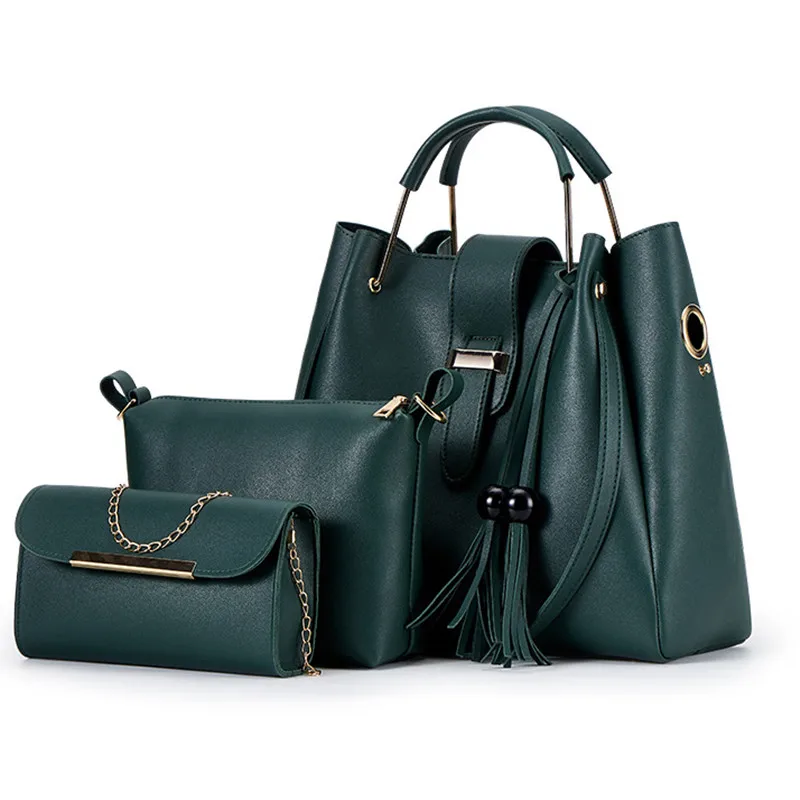 

Fashion Women Bucket Handbag Large Capacity PU Leather Shoulder Bag Female Wild 3 Pcs Set Retro Tote Tassel Messenger Bags