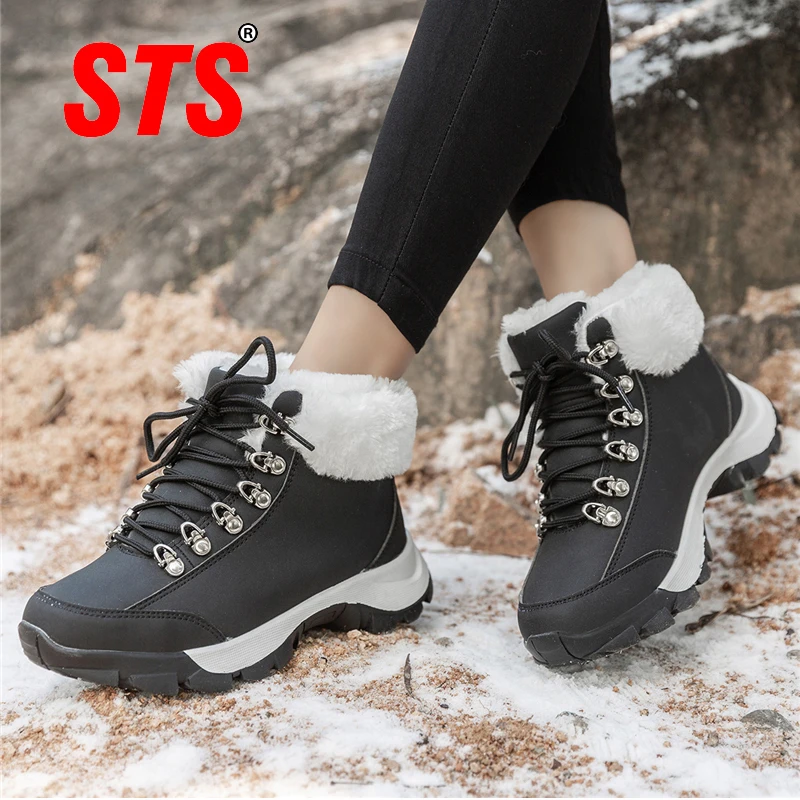 

STS Womens Winter Snow Boots Waterproof Shoes Boots Platform Keep Warm Ankle Winter Boot With Thick Fur Ladies Outdoor Footwear