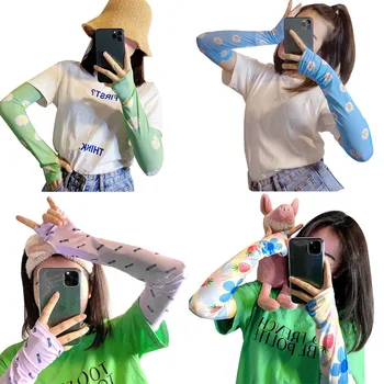 

Newest Arrival Women Floral Print Ice Sleeves Summer Arm Warmers Sun Protection Sports Gloves Cool Ice Silk Anti-UV Sleeve