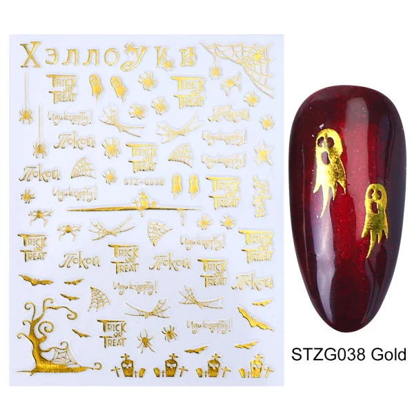 STZG038 Gold 1 шт стикер для ногтей золотой черный Хэллоуин 3D дизайн Фольга Слайдеры для украшения ногтей маникюр вода наклейка советы LASTZG032-040-2 - Цвет: STZG038 Gold