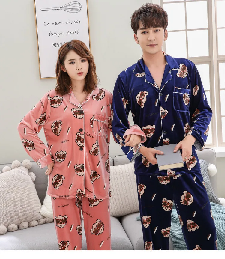 Autumn and Winter Newest Gold Velvet Pajamas Women's Couples Long-sleeved Suit Men and Women Cardigan Casual Home Clothes