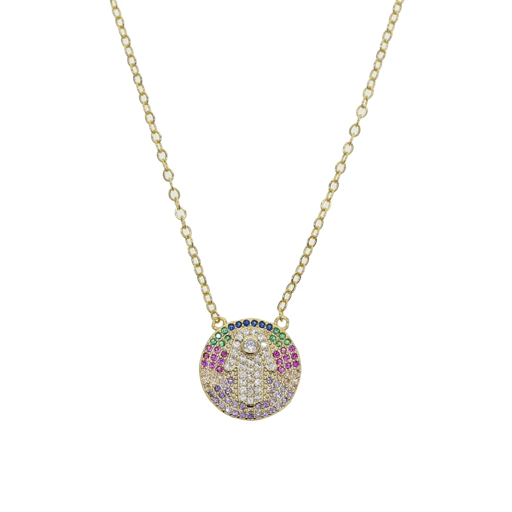 15 мм круглый диск Кулон ожерелье цепь Турция многоцветный Циркон с Хамса рука