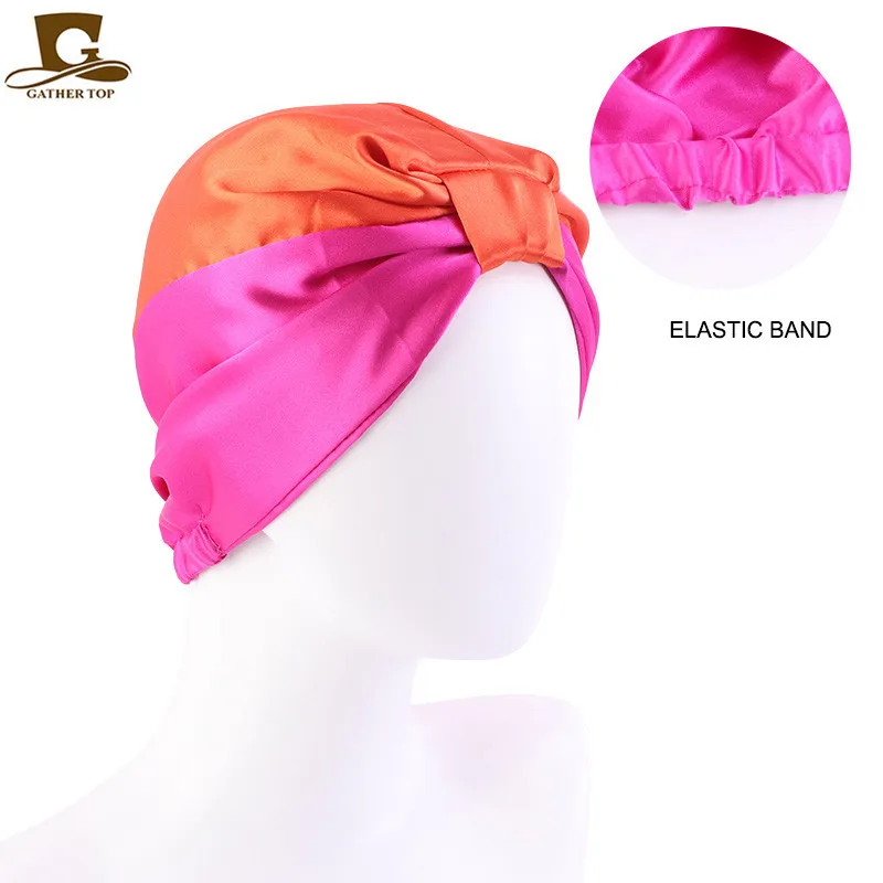 New Satin Silk Sleeping Bonnet Caps For Women Silky Headcover Double Layer Knotted Headband Caps Chemo Cancer Nursing Headwrap 4