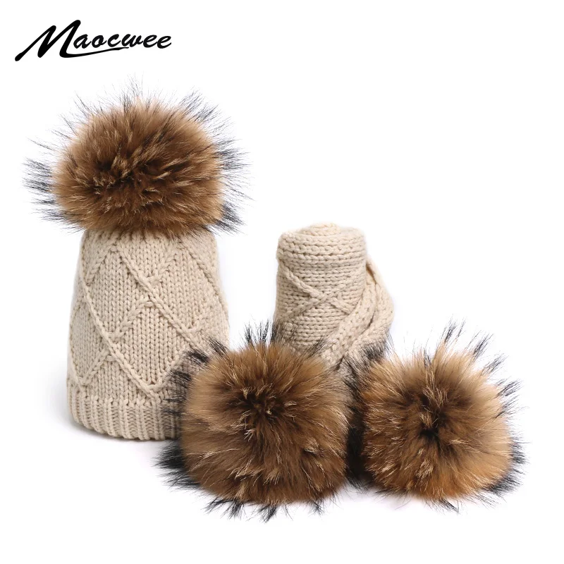 

Girl Pompon Hats and Scarves Sets Winter Knitted Warm Nature Fur Pom Pom Hat Scarf Thick Beanies Hats Caps Kids Baby Solid Bones