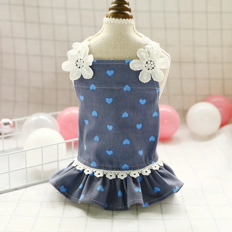 

Pet Dog Dresses Pure Cotton Straps Printing Denim Spring Summer Pet Clothes For Dogs Chihuahua Ladies Sling Skirts Cats Costumes