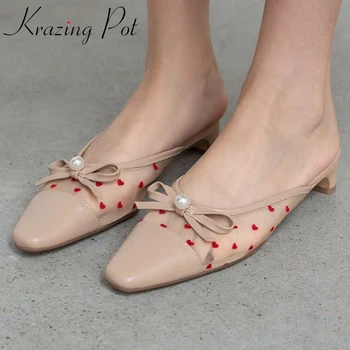 

Krazing pot cow leather air mesh square toemed heel slip on mules pearl butterfly-knot sweet pretty girls summer women pumps L03
