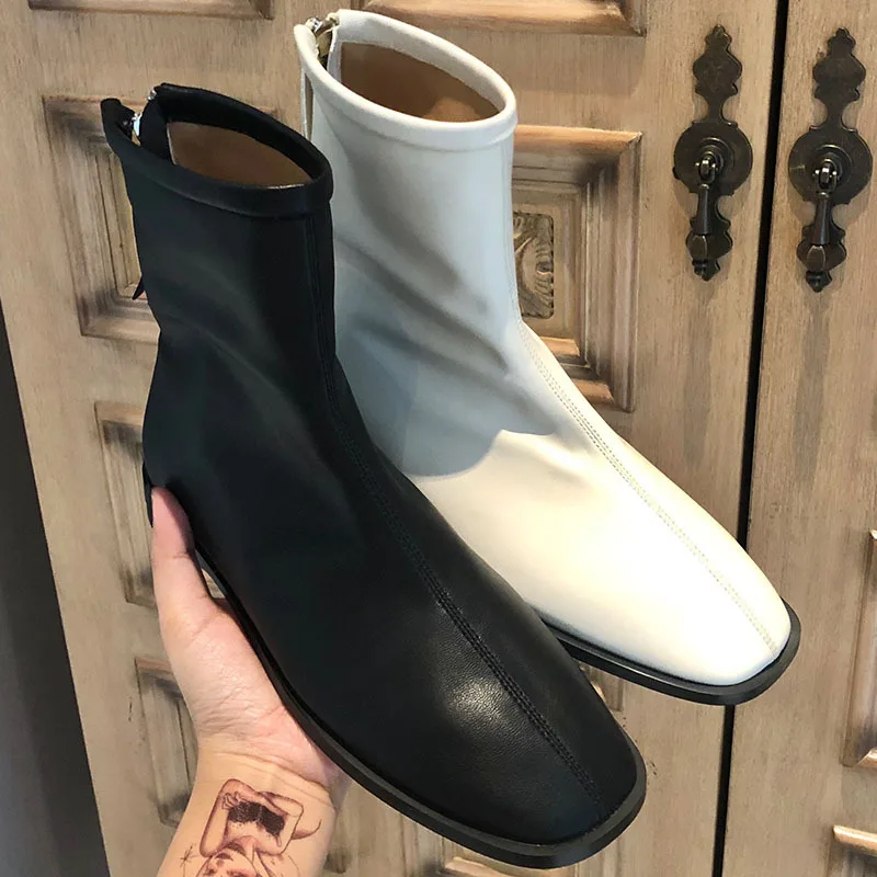 

Leather Booties Shoes Women's Rubber Boots Low Heels booties Luxury Designer Zipper Bootee Woman 2019 Rain Ladies Fashion Flat