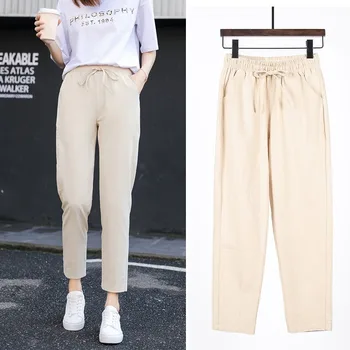 

Womens Spring Summer Pants Cotton Linen Solid Elastic waist Candy Colors Harem Trousers Soft high quality for Female ladys S-XXL