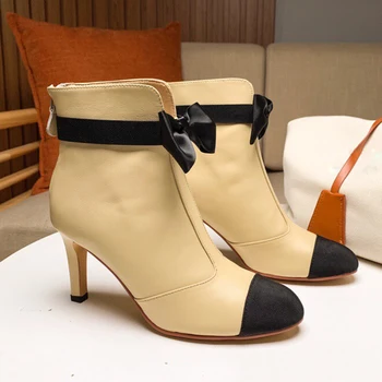 

Genuine Leather High Heel Boots Butterfly Knot Design Elegant Ladies Shoes Mix Color Short Ankle Boots Autumn Winter Women Shoes