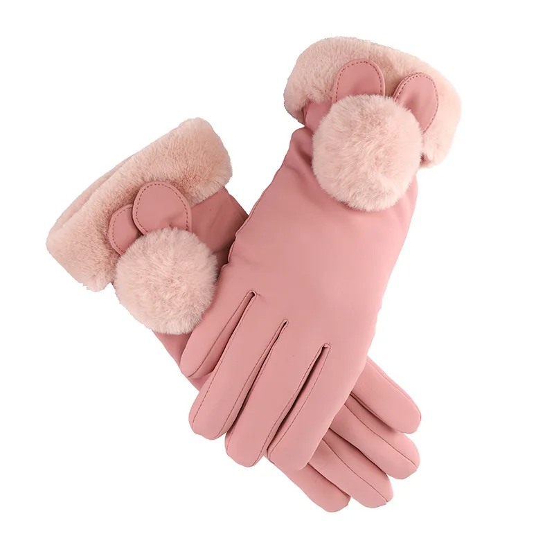 Pink H9909 женские перчатки зимние сенсорный экран для верховой езды милый меховой шарик варежки тепловые толстые ветрозащитные водонепроницаемые прекрасные женские муфты - Цвет: Pink