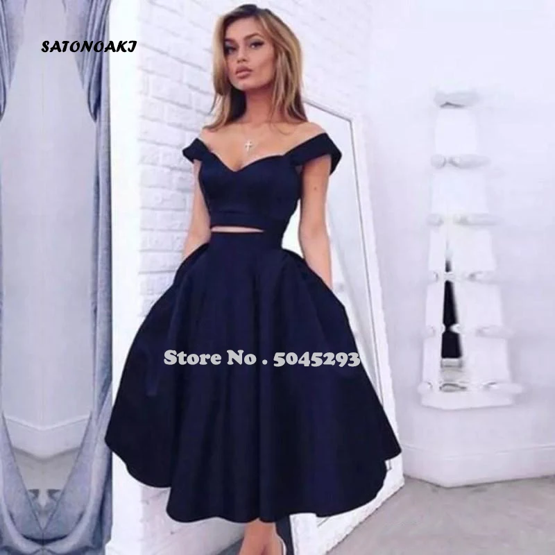 SATONOAKI Two Pieces Short Dark Navy Prom Dresses With Pockets Off Shoulder Backless Tea Length Satin Evening Party Gowns