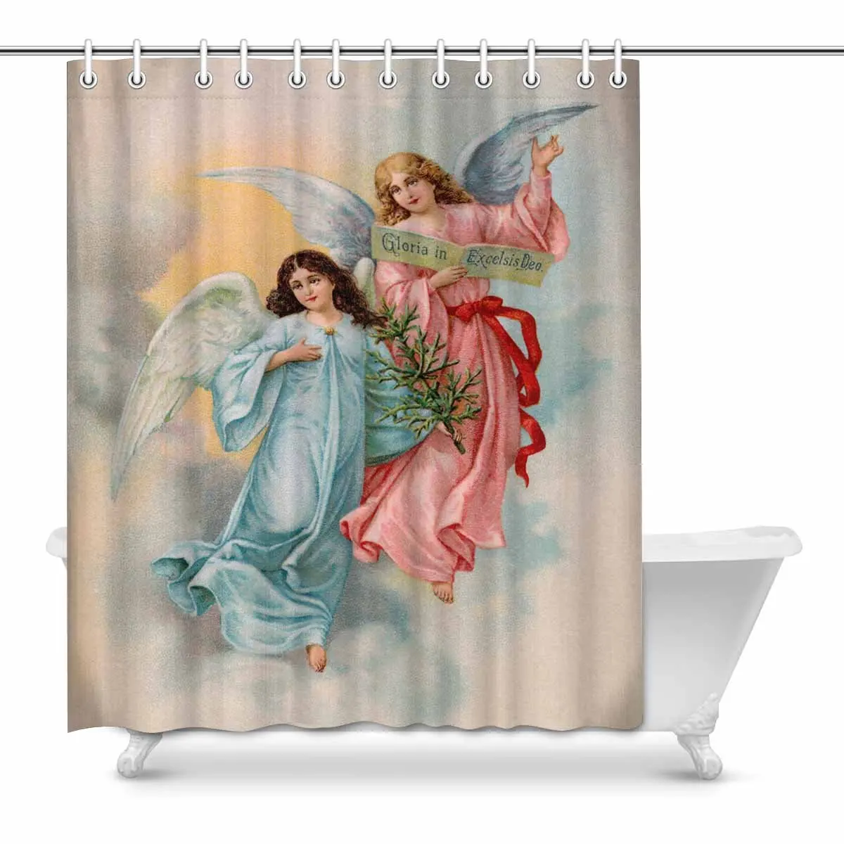 Christmas Angels with Evergreen Tree Swedish Vintage Art Decor Shower