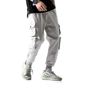 

Casual Men Solid Color Drawstring Multi-pockets Beam Pants Ankle Tie Trousers Men's multi-pocket overalls in three colors