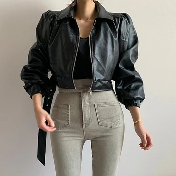 

Autumn Short Faux PU leather jacket Female Casual Waist Streetwear Plus size Motorcycle leather jacket Fashion Women's Clothing