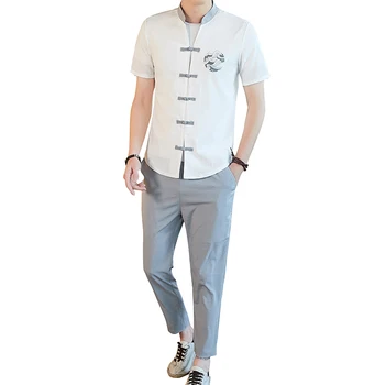 

M-4XL 2020 Summer Mens Linen Shirt Sets Male Streetwear Shirts+Ankle Pants Chinese Tracksuit For Men 2 Pieces Set XXXXL