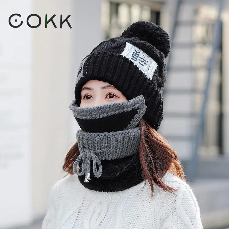 

COKK Winter Hat And Scarf With Mask Windproof Thick Warm Velvet Thickening Set Collars Sets For Women Ladies New 2019