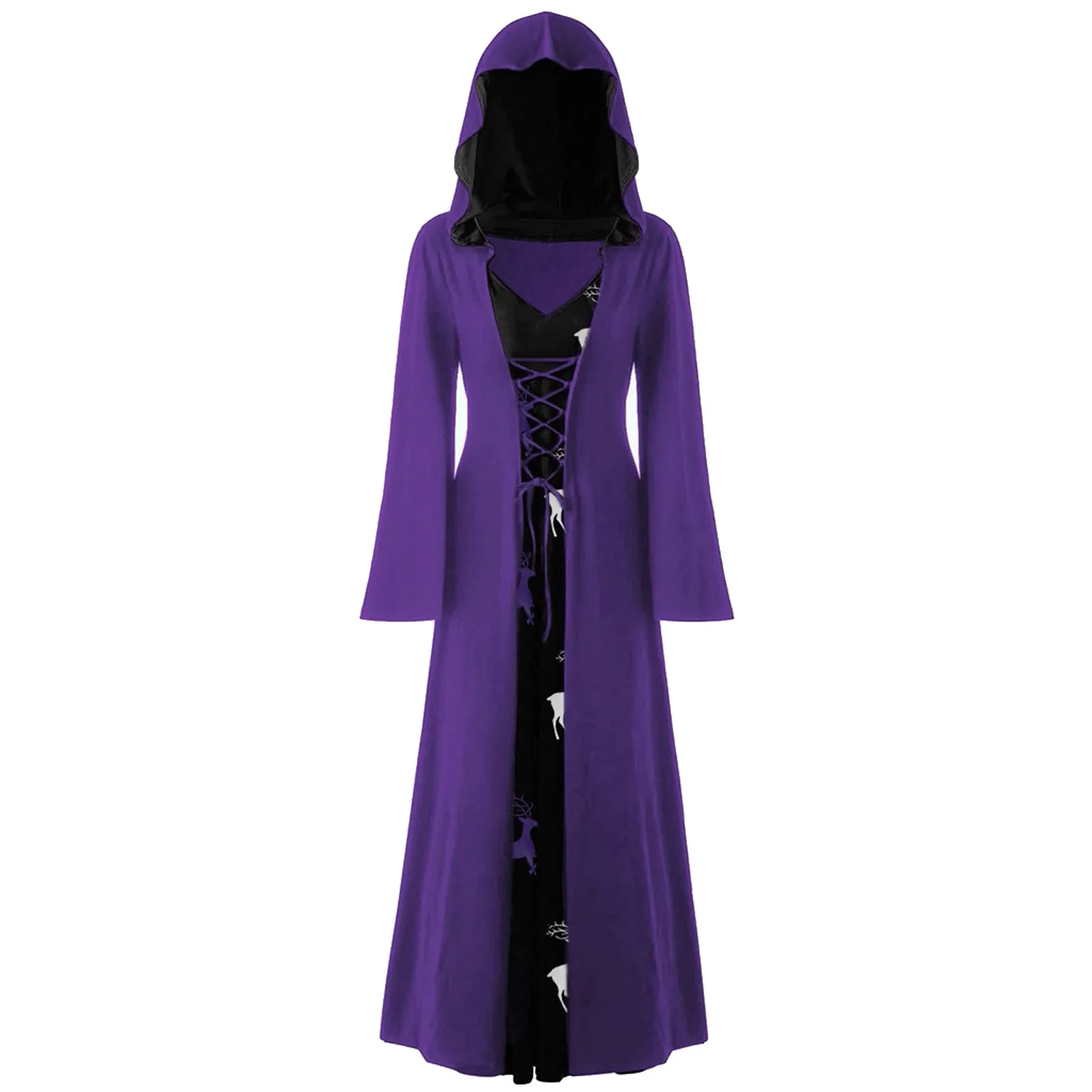 Women Medieval Renaissance Gothic Halloween Robe Long Sleeve Hooded Witch Cloak Long Dress Cosplay Party Costume Vintage Dresses
