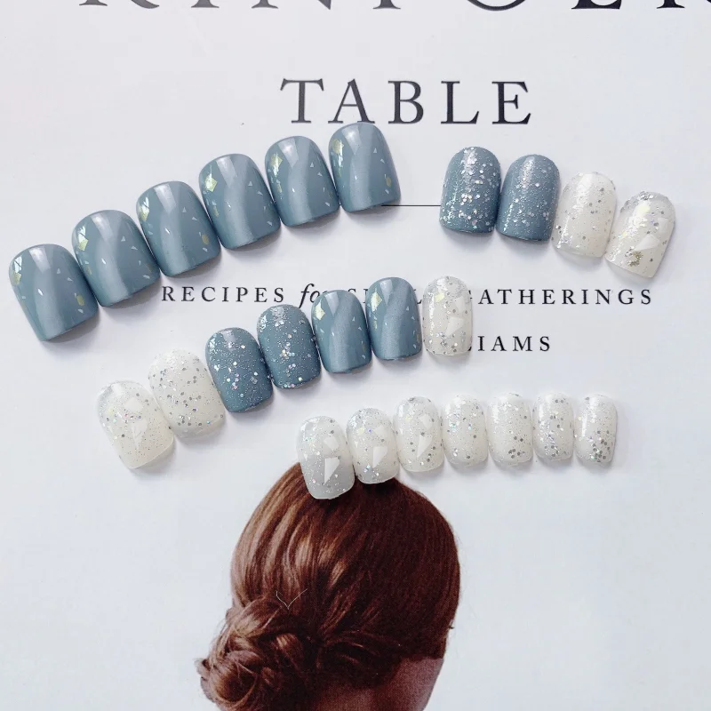 GAM-BELLE Glitter Blue Marble Pattern False Nails Full Ellipse Artificial Press On Nails Elegant French Nail Art Decoration