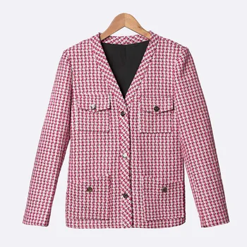

Women Coat Spring / Summer 2020 Women's Pink Woven V-neck Snap Button Cardigan Jacket