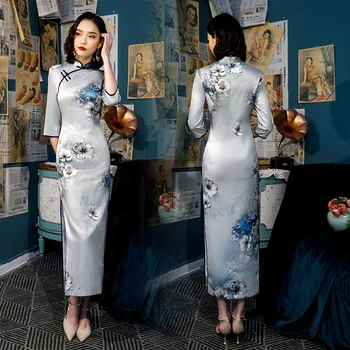 

New Arrival Traditional Women Plus Size 4XL Qipao Lady Rayon Sexy Long Printing Cheongsam Handmade Button Vintage Chinese Dress