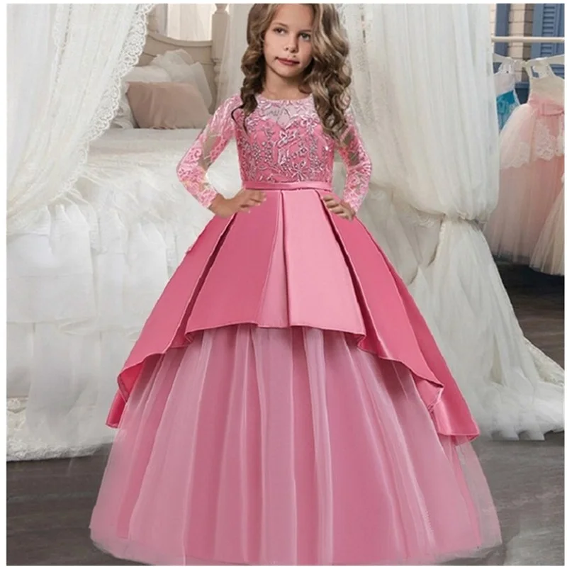 

2019 Princess Lace Flower Girl Dresses Long Sleeves First Communion Gowns Birthday Party Dresses formal with Pageant Gown