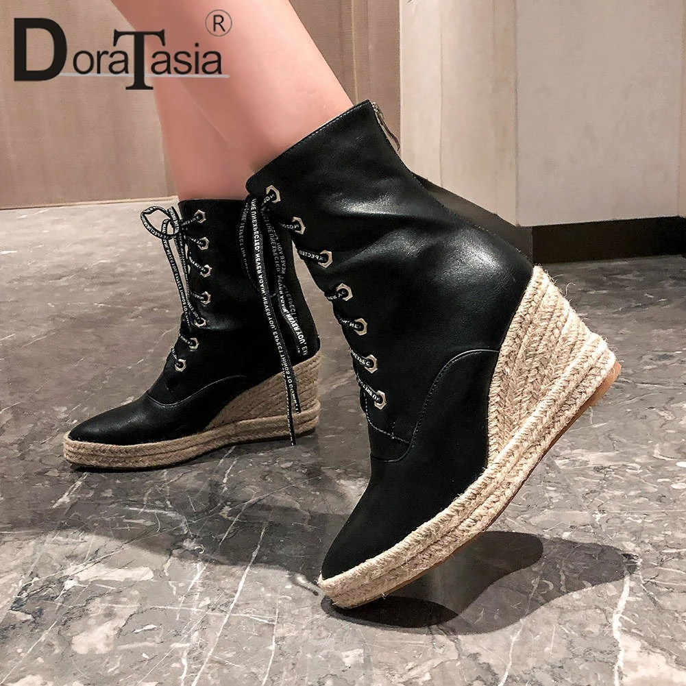 

DORATASIA Plus Size 44 Ladies Cool Pointed Toe Boots High Wedges Boots Women Elegant lace-up Ankle Platform Shoes Woman