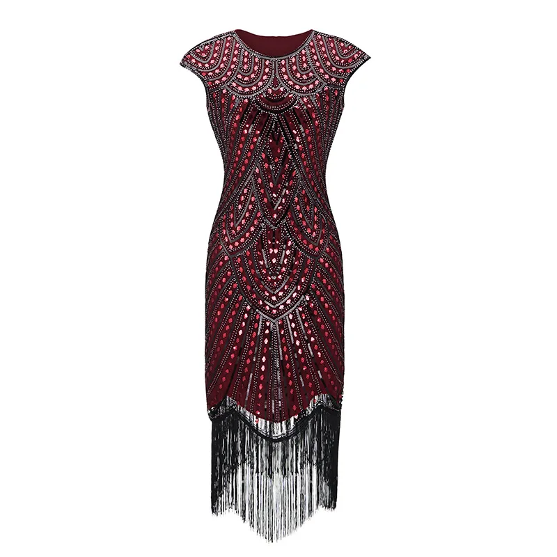 

Women Dress Ladies Party Sleeveless Summer Fringe Sequins Fashion Evening Retro Sundress Round Neck Dress