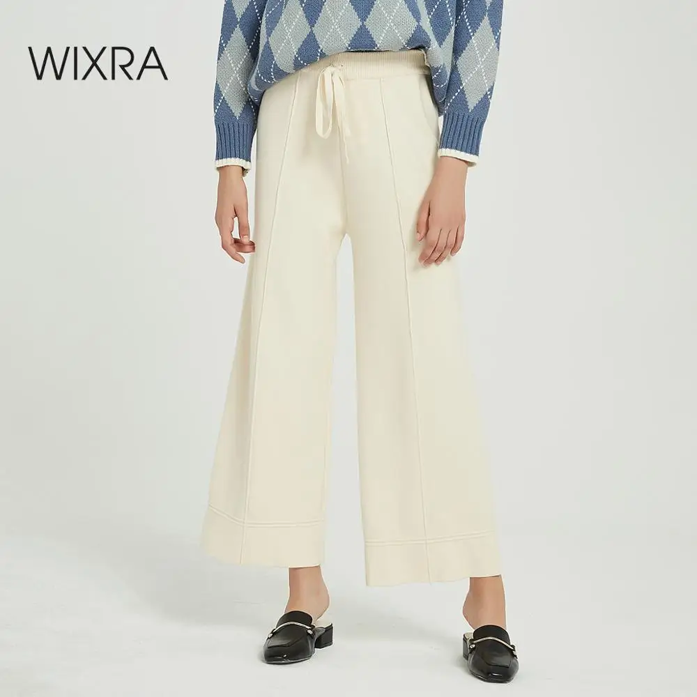 Najtaniej Wixra Casual damskie dzianinowe spodnie szerokie nogawki luźna, wysoka talia sznurowane ciepłe grube spodnie jesienno zimowy damski dół stroju