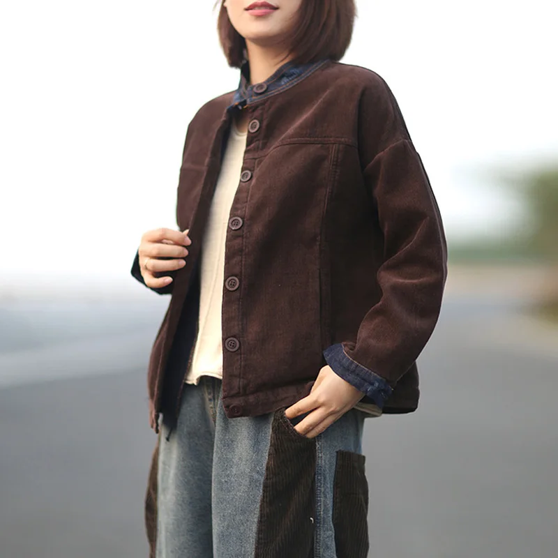 low cost Corduroy Jackets For Women Thick Coats 2019 Autumn New Patchwork Denim Vintage Warm Button Women Lo