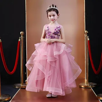 

Children Girls New Elegant Fashion appliques Flowers Birthday Parties Communication Princess Dress Kids Model Show Pageant Dress