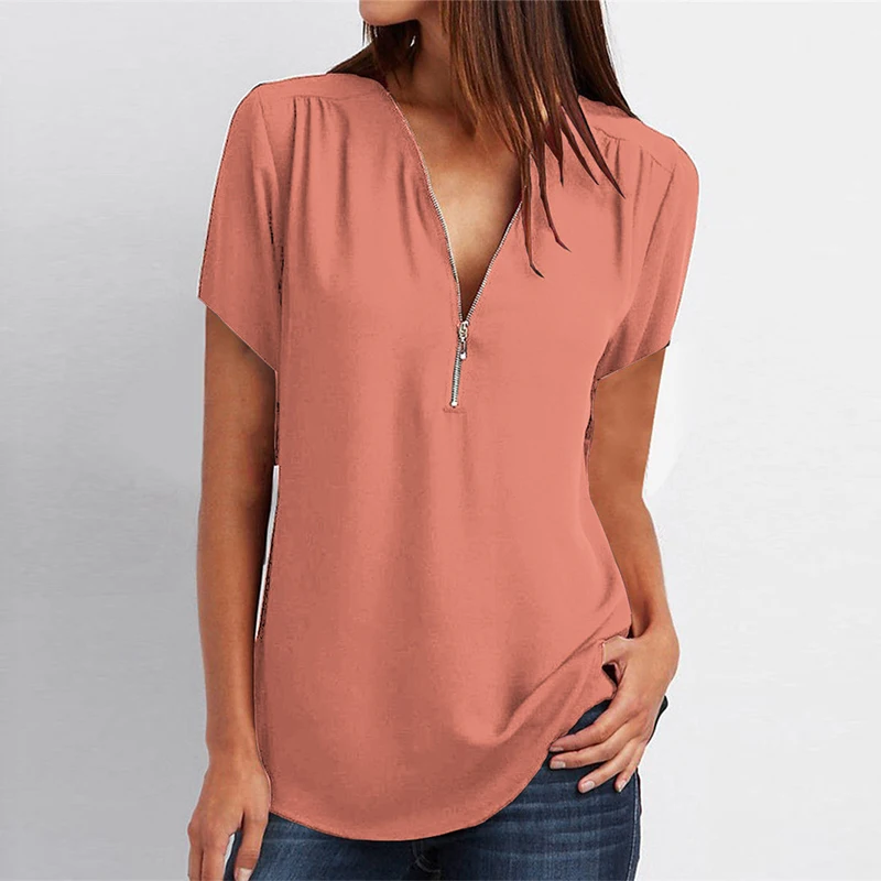

Women Tops Blouses 2019 Summer Casual Short Sleeve Solid Chiffon Blouse Sexy V-Neck Zipper Shirts Top Shirts Tops Big Size 5XL