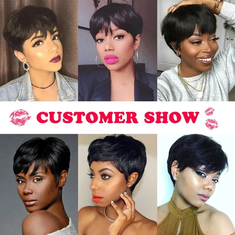 Short Human Hair Wigs Pixie Cut Straight perruque bresillienne for Black Women Machine Made Wigs With Bangs Cheap No Lace Wig - Image 4