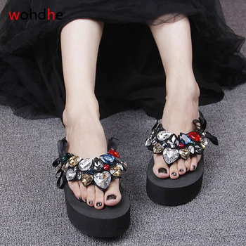 

wohdhe 6cm Love Rhinestone Crystal Flip-Flops Wedges Shales Platform Female Slates Bling Bowknot Slippers