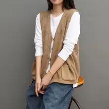 Литературный ретро осенний хлопковый и льняной свободный Хлопковый вязаный свитер без рукавов женский кардиган