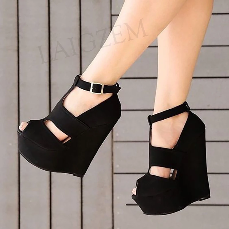 Recuento beneficio Majestuoso SEIIHEM zapatos de cuña con plataforma para mujer, Sandalias de tacón alto  de ante de imitación con correa en el tobillo, color negro, talla 44 47 52,  4143|Zapatos de tacón de mujer| - AliExpress