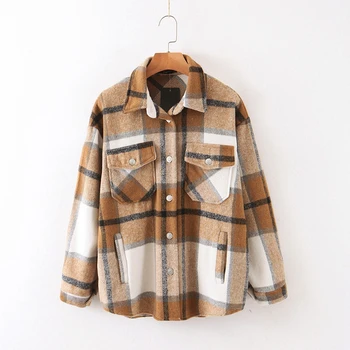 

Casual Plaid Woolen Overcoat Women Turn Down Collar Pockets Loose Plus Size Wool Blends Coat Outwear XB231