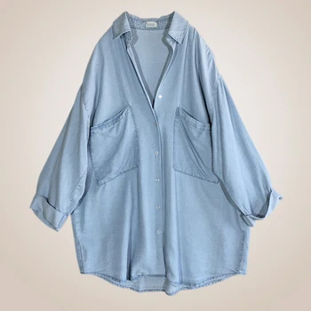 

[EWQ] 2020 Spring Autumn New Pattern Cotton Linen Long Casual Loose Denim Shirt Pocket Solid Color Lapel Fashion Blouse 3AC123