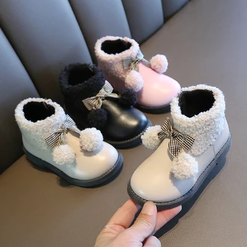 

Baby Shoes 2019 Fashion Winter Boots Girls Children Warm Soft Rubber Princess Plush Ball Bow PU Zip Boots Kids Boot Girl