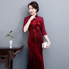 Осень/зима рыбий хвост юбка платье ретро, Национальный стиль мать cheongsam длинная Вышивка Горячая алмаз Улучшенный китайский платье